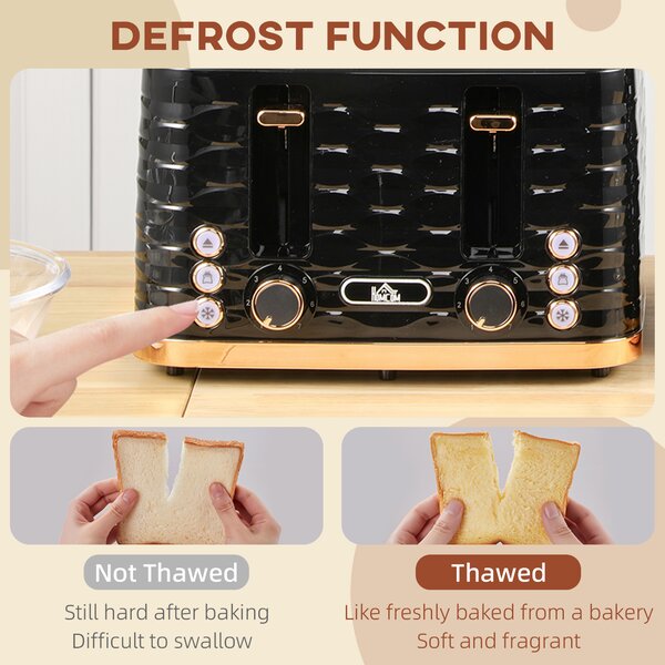 HOMCOM 4 Slice Toaster with 7 Browning Levels, High Lift, Self-centring Function, Removable Crumb Tray, 1600W, Black Water Ripple Texture