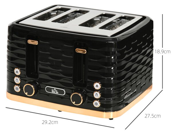 HOMCOM 4 Slice Toaster with 7 Browning Levels, High Lift, Self-centring Function, Removable Crumb Tray, 1600W, Black Water Ripple Texture