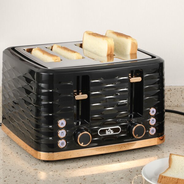 HOMCOM 4 Slice Toaster with 7 Browning Levels, High Lift, Self-centring Function, Removable Crumb Tray, 1600W, Black Water Ripple Texture