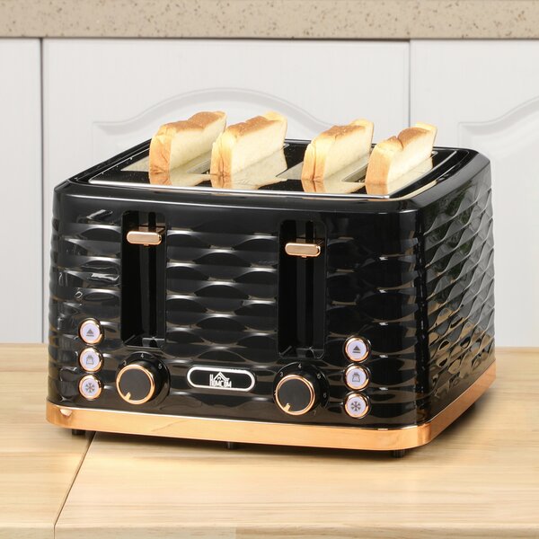 HOMCOM 4 Slice Toaster with 7 Browning Levels, High Lift, Self-centring Function, Removable Crumb Tray, 1600W, Black Water Ripple Texture