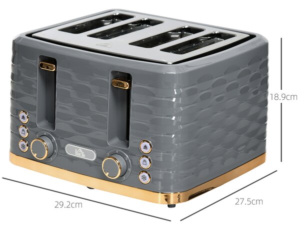 HOMCOM 4 Slice Toaster with 7 Browning Levels, High Lift, Reheat/Defrost/Cancel, Removable Crumb Tray, Auto Off, 1600W, Grey