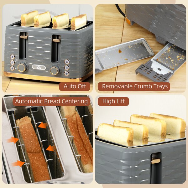HOMCOM 4 Slice Toaster with 7 Browning Levels, High Lift, Reheat/Defrost/Cancel, Removable Crumb Tray, Auto Off, 1600W, Grey
