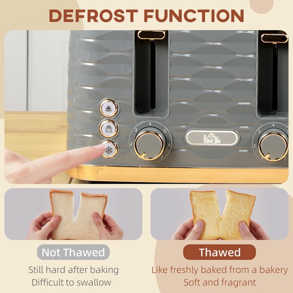 HOMCOM 4 Slice Toaster with 7 Browning Levels, High Lift, Reheat/Defrost/Cancel, Removable Crumb Tray, Auto Off, 1600W, Grey
