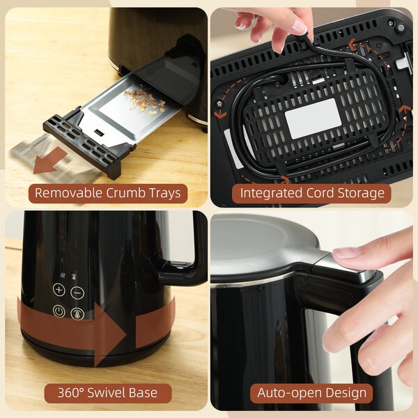 HOMCOM Kettle and Toaster Set, 1.5L 3000W Fast Boil Kettle with 7 Level Browning Controls, Defrost, Reheat and Crumb Tray, Black Aosom UK