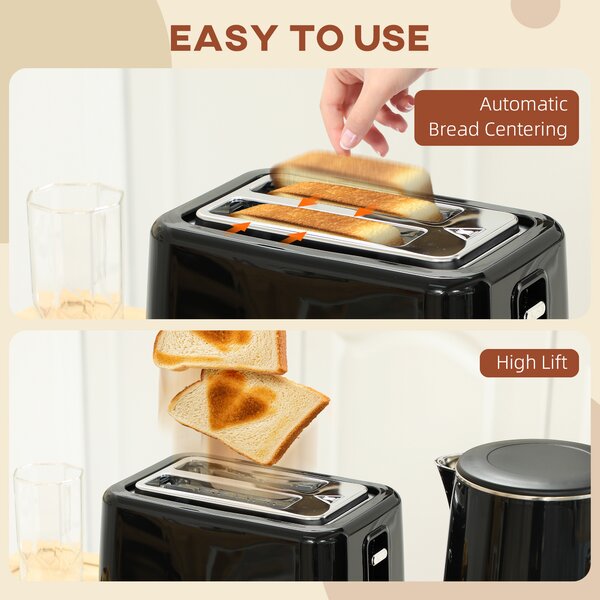 HOMCOM Kettle and Toaster Set, 1.5L 3000W Fast Boil Kettle with 7 Level Browning Controls, Defrost, Reheat and Crumb Tray, Black Aosom UK
