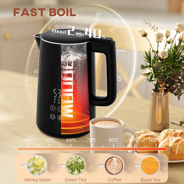 HOMCOM Kettle and Toaster Set, 1.5L 3000W Fast Boil Kettle with 7 Level Browning Controls, Defrost, Reheat and Crumb Tray, Black Aosom UK