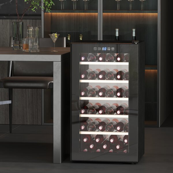 HOMCOM 41 Bottle Wine Fridge, 91L Wine Cooler with Glass Door, Touch Control, LED Light, Black Aosom UK