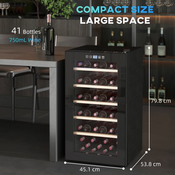 HOMCOM 41 Bottle Wine Fridge, 91L Wine Cooler with Glass Door, Touch Control, LED Light, Black Aosom UK