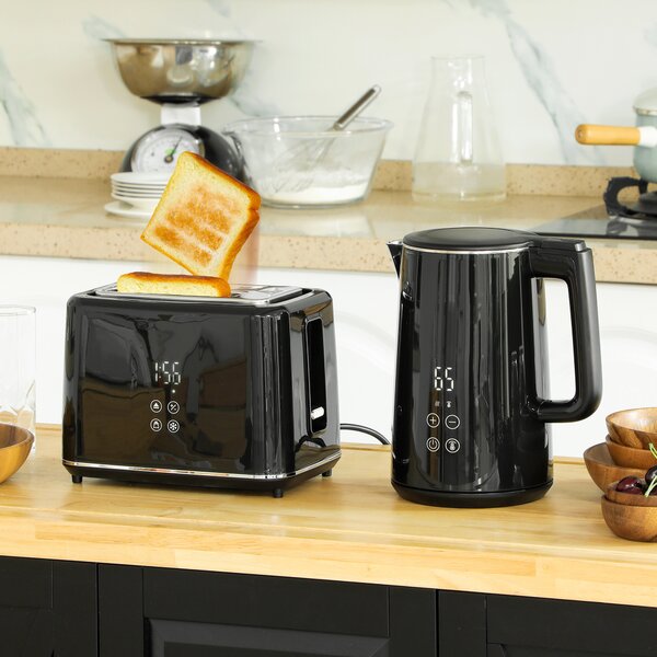 HOMCOM Kettle and Toaster Set, 1.5L 3000W Fast Boil Kettle with 7 Level Browning Controls, Defrost, Reheat and Crumb Tray, Black Aosom UK
