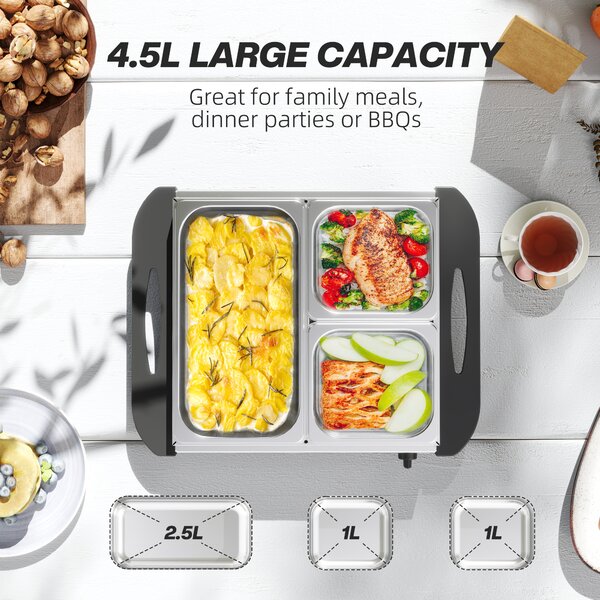 HOMCOM 4.5L Stainless Steel Electric Buffet Server, with 3x Trays and Lids, Set of 2