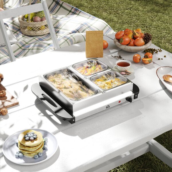 HOMCOM Electric Food Warmer 4 Tray, 6L Portable Buffet Server and Warming Tray with Lids, Adjustable Temperature Control and Cool Touch Handles, 200W, 2 x 2.5L and 1 x 1L Aosom UK
