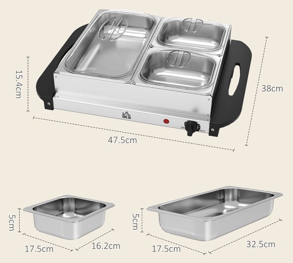 HOMCOM 4.5L Stainless Steel Electric Buffet Server, with 3x Trays and Lids, Set of 2