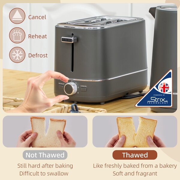 HOMCOM Kettle and Toaster Set, 1.7L 3000W Fast Boil Kettle & 2 Slice Toaster Kitchen Set with 6 Level Browning Controls, Defrost, Reheat, Grey
