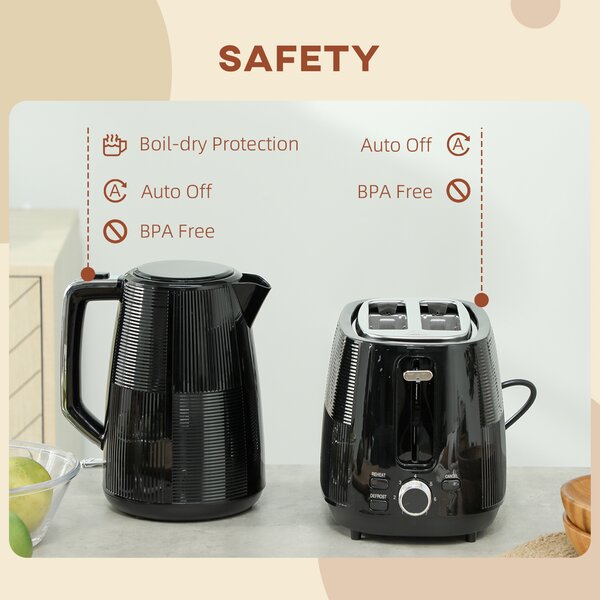 HOMCOM Kettle and Toaster Set, 1.7L 3000W Fast Boil Kettle & 2 Slice Toaster Kitchen Set with Browning Controls, Boil-dry Protection, Black