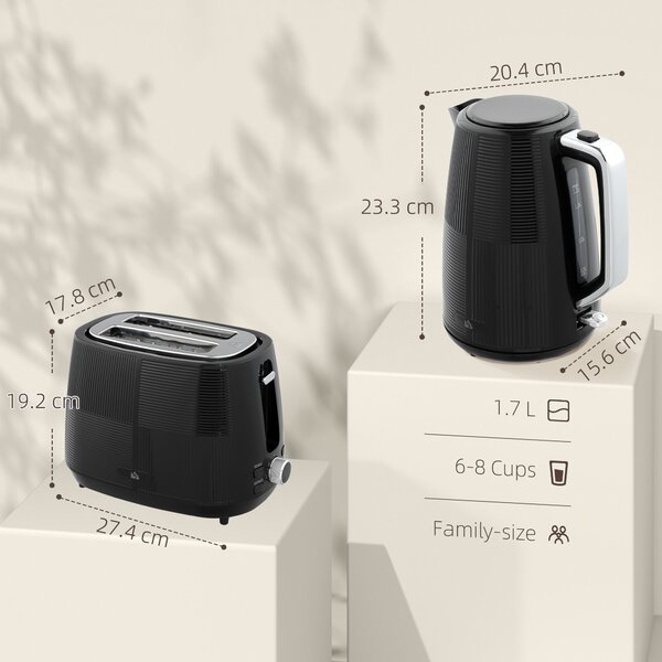 HOMCOM Kettle and Toaster Set, 1.7L 3000W Fast Boil Kettle & 2 Slice Toaster Kitchen Set with Browning Controls, Boil-dry Protection, Black
