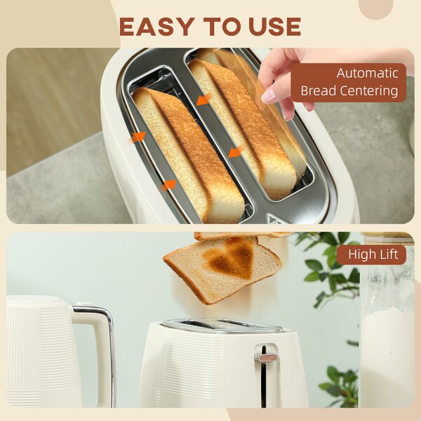 HOMCOM Kettle and Toaster Set, 1.7L 3000W Fast Boil Kettle & 2 Slice Toaster Kitchen Set with 7 Level Browning Controls, Cream White