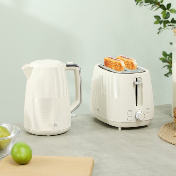 HOMCOM Kettle and Toaster Set, 1.7L 3000W Fast Boil Kettle & 2 Slice Toaster Kitchen Set with 7 Level Browning Controls, Cream White