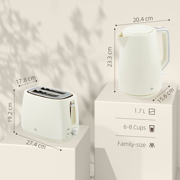 HOMCOM Kettle and Toaster Set, 1.7L 3000W Fast Boil Kettle & 2 Slice Toaster Kitchen Set with 7 Level Browning Controls, Cream White