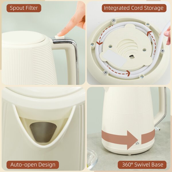 HOMCOM Kettle and Toaster Set, 1.7L 3000W Fast Boil Kettle & 2 Slice Toaster Kitchen Set with 7 Level Browning Controls, Cream White