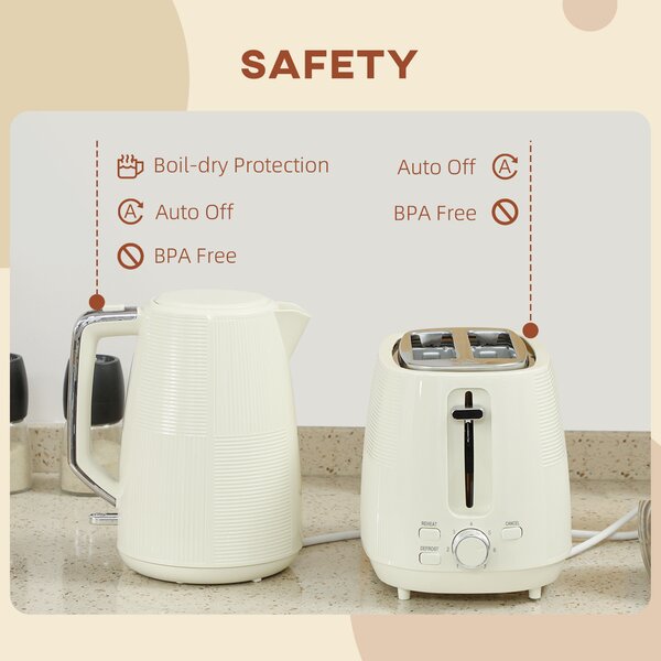 HOMCOM Kettle and Toaster Set, 1.7L 3000W Fast Boil Kettle & 2 Slice Toaster Kitchen Set with 7 Level Browning Controls, Cream White