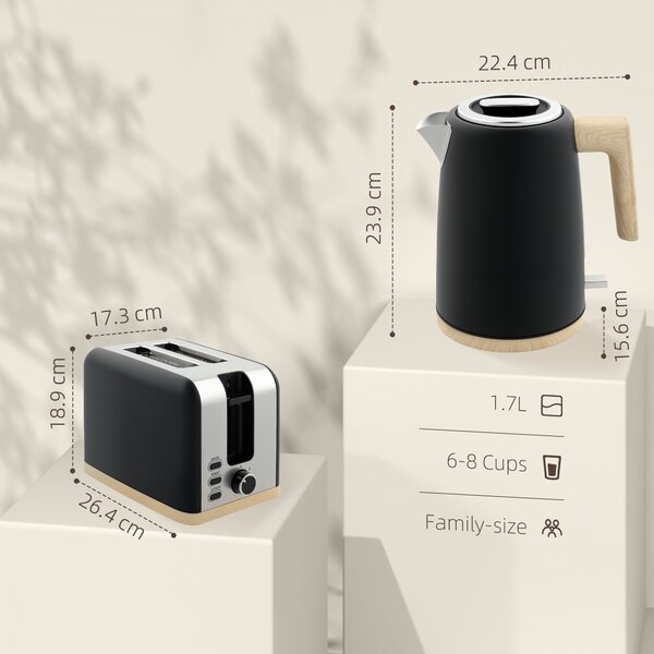 HOMCOM Kettle and Toaster Set, 1.7L 3000W Fast Boil Kettle & 2 Slice Toaster Kitchen Set, Defrost, Reheat, Auto Off, Boil-dry Protection, Black