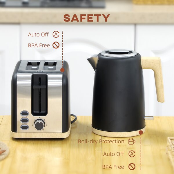 HOMCOM Kettle and Toaster Set, 1.7L 3000W Fast Boil Kettle & 2 Slice Toaster Kitchen Set, Defrost, Reheat, Auto Off, Boil-dry Protection, Black