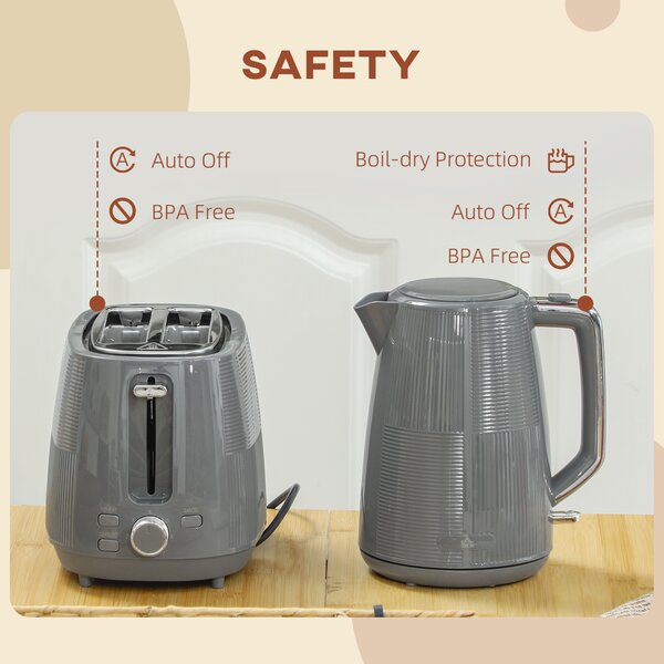 HOMCOM Kettle and Toaster Set, 1.7L 3000W Fast Boil Kettle & 2 Slice Toaster Kitchen Set with Defrost, Reheat, Boil-dry Protection, Grey