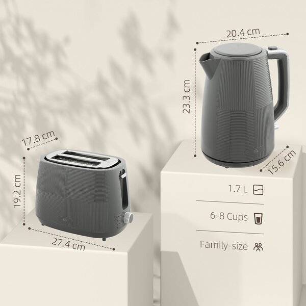HOMCOM Kettle and Toaster Set, 1.7L 3000W Fast Boil Kettle & 2 Slice Toaster Kitchen Set with Defrost, Reheat, Boil-dry Protection, Grey