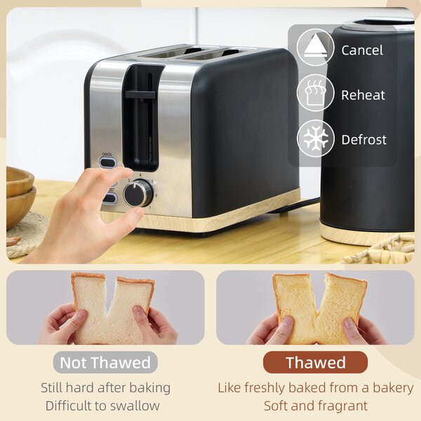 HOMCOM Kettle and Toaster Set, 1.7L 3000W Fast Boil Kettle & 2 Slice Toaster Kitchen Set, Defrost, Reheat, Auto Off, Boil-dry Protection, Black