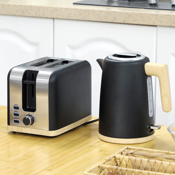 HOMCOM Kettle and Toaster Set, 1.7L 3000W Fast Boil Kettle & 2 Slice Toaster Kitchen Set, Defrost, Reheat, Auto Off, Boil-dry Protection, Black