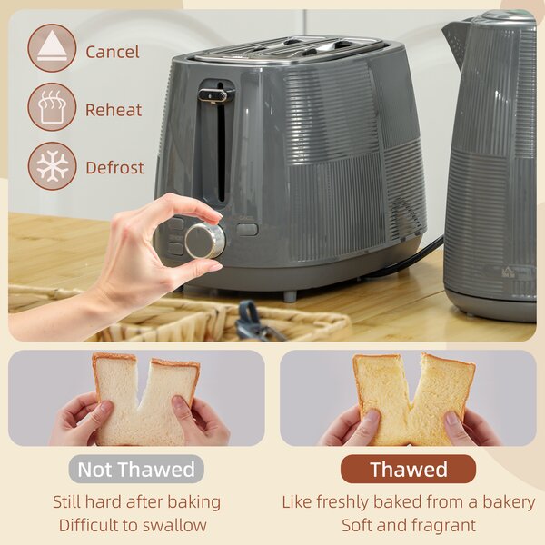 HOMCOM Kettle and Toaster Set, 1.7L 3000W Fast Boil Kettle & 2 Slice Toaster Kitchen Set with Defrost, Reheat, Boil-dry Protection, Grey