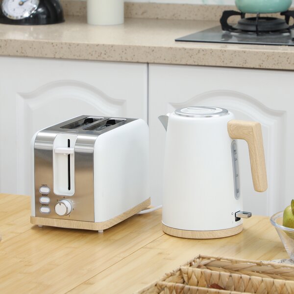 HOMCOM Kettle and Toaster Set, 1.7L 3000W Fast Boil Kettle & 2 Slice Toaster Kitchen Set with 7 Level Browning Controls, Defrost, Reheat, White