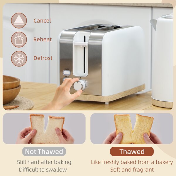 HOMCOM Kettle and Toaster Set, 1.7L 3000W Fast Boil Kettle & 2 Slice Toaster Kitchen Set with 7 Level Browning Controls, Defrost, Reheat, White