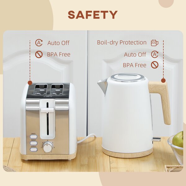 HOMCOM Kettle and Toaster Set, 1.7L 3000W Fast Boil Kettle & 2 Slice Toaster Kitchen Set with 7 Level Browning Controls, Defrost, Reheat, White