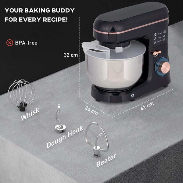 HOMCOM Stand Mixer for Baking, 5L Food Mixer with Dough Hook, Whisk, 6 Speeds and Pulse Setting, , Stainless Steel Bowl, Splash Guard, Black
