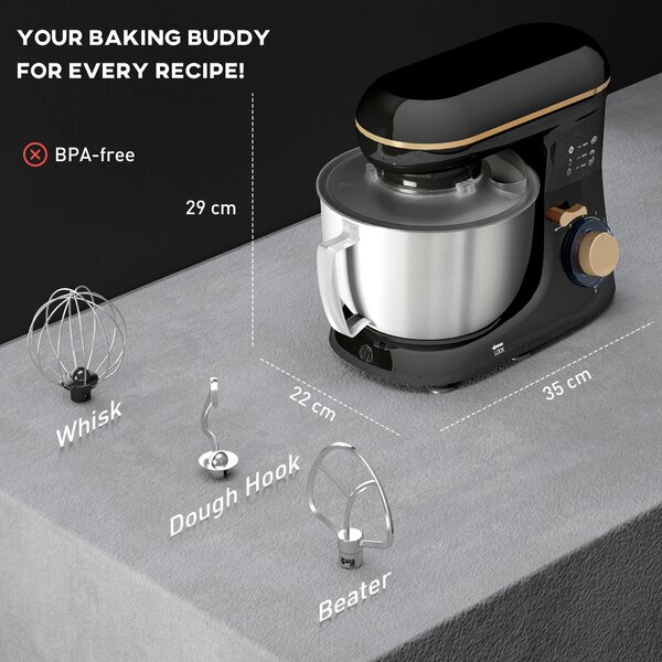 HOMCOM 1300W Kitchen Stand Mixer with Attachments & Accessories, for Baking and Cooking, Black Aosom UK