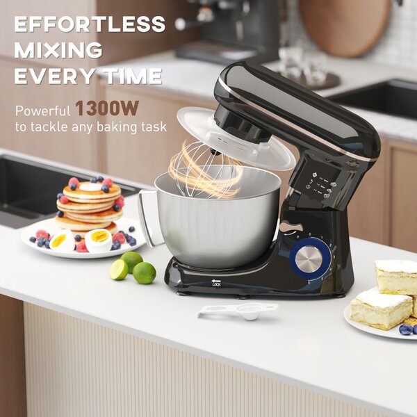 HOMCOM 1300W Kitchen Stand Mixer with Attachments & Accessories, for Baking and Cooking, Black Aosom UK