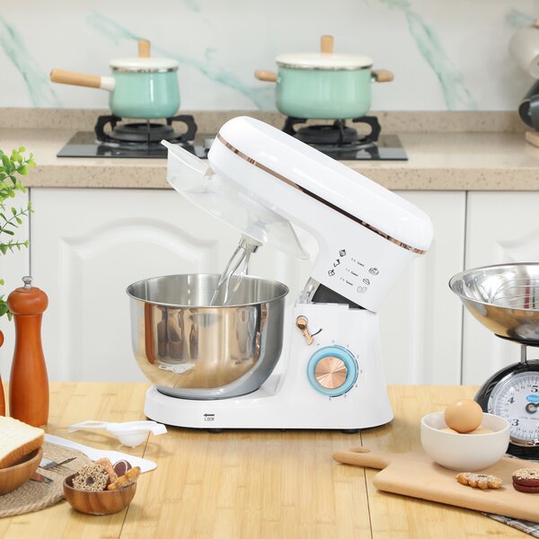 HOMCOM 5L Food Mixer for Baking, 6 Speeds and Pulse Setting, 1400W Cake Electric Kitchen Mixer with Dough Hook, Whisk, Stainless Steel Bowl, White