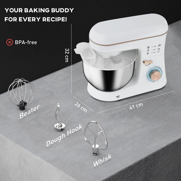 HOMCOM 5L Food Mixer for Baking, 6 Speeds and Pulse Setting, 1400W Cake Electric Kitchen Mixer with Dough Hook, Whisk, Stainless Steel Bowl, White