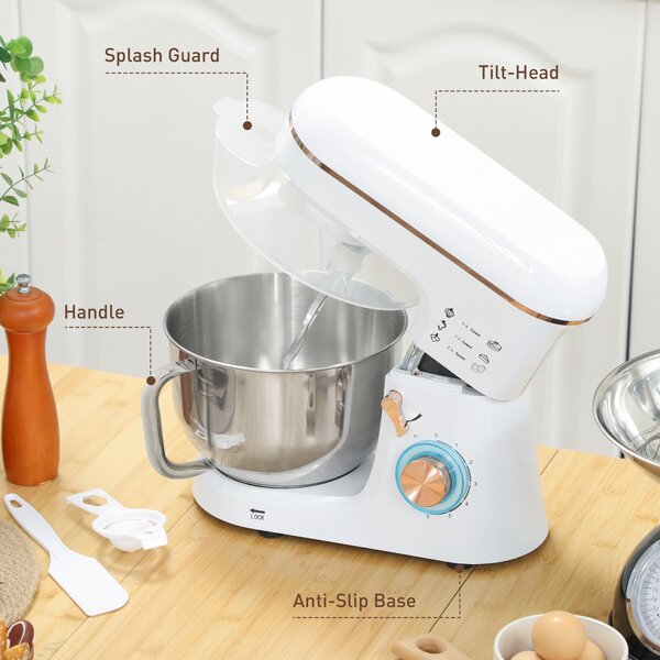 HOMCOM 5L Food Mixer for Baking, 6 Speeds and Pulse Setting, 1400W Cake Electric Kitchen Mixer with Dough Hook, Whisk, Stainless Steel Bowl, White