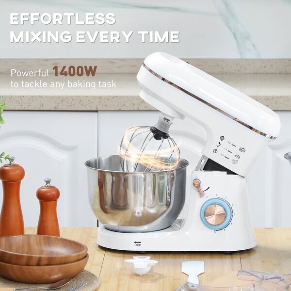 HOMCOM 5L Food Mixer for Baking, 6 Speeds and Pulse Setting, 1400W Cake Electric Kitchen Mixer with Dough Hook, Whisk, Stainless Steel Bowl, White