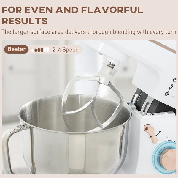 HOMCOM 5L Food Mixer for Baking, 6 Speeds and Pulse Setting, 1400W Cake Electric Kitchen Mixer with Dough Hook, Whisk, Stainless Steel Bowl, White