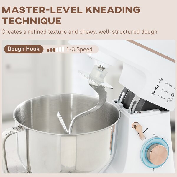 HOMCOM 5L Food Mixer for Baking, 6 Speeds and Pulse Setting, 1400W Cake Electric Kitchen Mixer with Dough Hook, Whisk, Stainless Steel Bowl, White