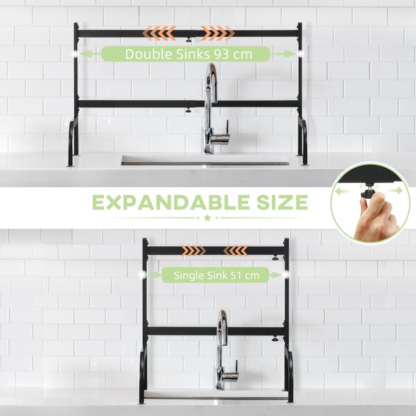HOMCOM Space Saving 2 Tier Adjustable Dish Drainer Over The Sink Dish Drying Rack, Black Aosom UK