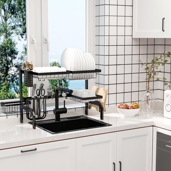 HOMCOM Space Saving 2 Tier Adjustable Dish Drainer Over The Sink Dish Drying Rack, Black Aosom UK