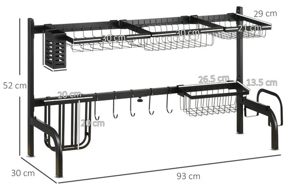 HOMCOM Space Saving 2 Tier Adjustable Dish Drainer Over The Sink Dish Drying Rack, Black Aosom UK