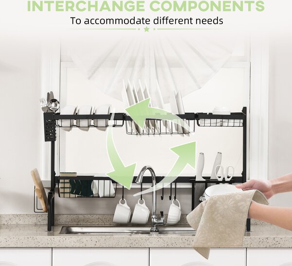 HOMCOM Space Saving 2 Tier Adjustable Dish Drainer Over The Sink Dish Drying Rack, Black Aosom UK
