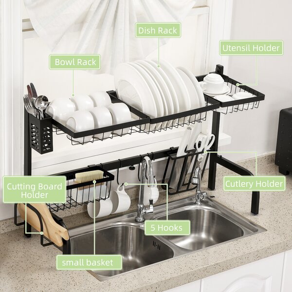 HOMCOM Space Saving 2 Tier Adjustable Dish Drainer Over The Sink Dish Drying Rack, Black Aosom UK