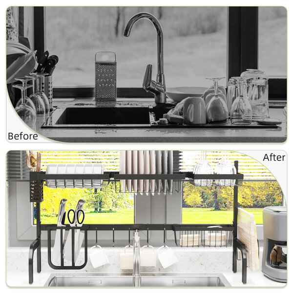 HOMCOM Space Saving 2 Tier Adjustable Dish Drainer Over The Sink Dish Drying Rack, Black Aosom UK