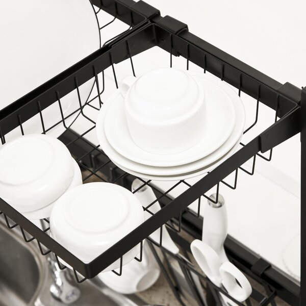 HOMCOM Space Saving 2 Tier Adjustable Dish Drainer Over The Sink Dish Drying Rack, Black Aosom UK
